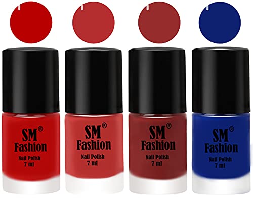 Image of Nail Polish Combo Set (Pack of 4) Quick Dry Gel Finish Nail Paint | Red,Coral Pink ,Jam,Blue | 7 ml Each