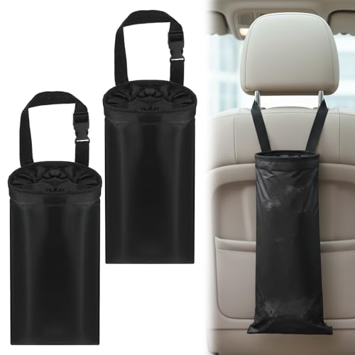 2 Pack Car Trash Bag Hanging Washable Back Seat Car Garbage Bag with Top Elastic Vent & Sticky Strap Bottom Opening Garbage Can with Waterproof Oxford Detachable Trash Can for Cars Travelling Outdoor