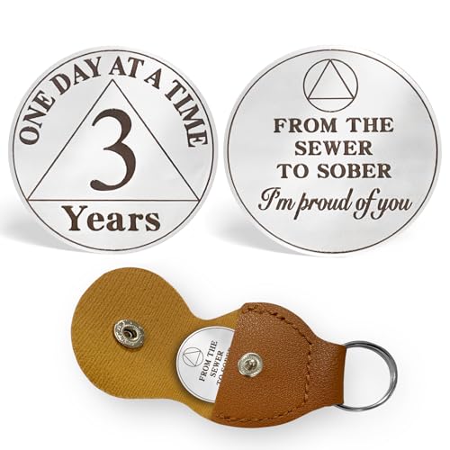 ACGZQY 3 Jahre Sobriety Coin - One Day at A Time AA Münzen und Medaillen Anonyme Alkoholiker Sobriety Chip Triplate Recovery Geschenke Sober Token mit PU-Leder Schlüsselanhänger
