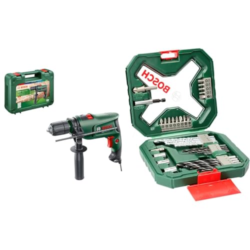 Bosch Taladro percutor eléctrico EasyImpact 630, 630 W, en maletín de transporte + 34 uds. Set de puntas de atornillar y brocas X-Line (para madera, mampostería y metal)