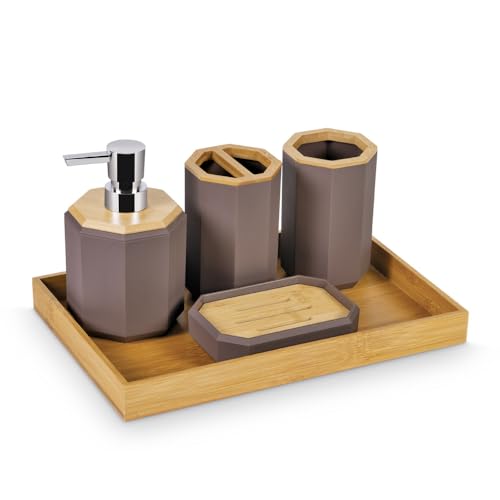 Image of Freelance Portofino ABS Bathroom Accessories Set of 5, Chocolate - Liquid Handwash Soap Dispenser, Brush /Toothbrush Holder, Tumbler, Dish, Tray - Plastic Set for Wash Basin - Stronger Than Ceramic