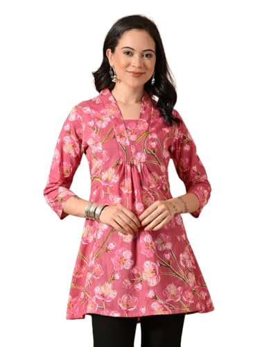 Image of Amazon Brand - Tavasya Women Ethnic Printed V-Neck Cotton Short A-line Kurta | Stylish Casual Everyday Office Top | 3 /4th Sleeve | Regular Fit