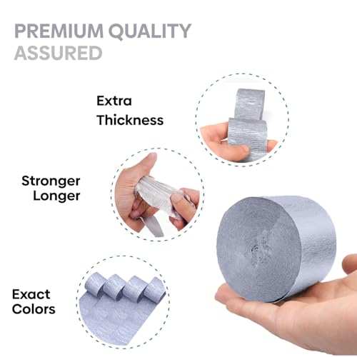 Image of 4 Silver Crepe Paper Streamers, 328ft Pack of Party Decorations | Each roll is 82 ft long and 1.8 Inch wide ideal for Birthday Party Decor, Wedding Decorations and Educational Ceremony