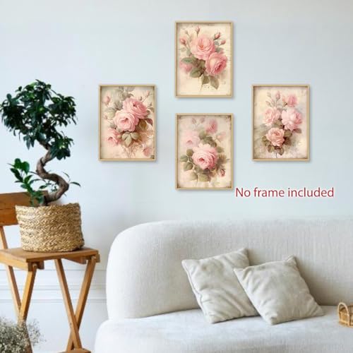 Image of laveliabel Vintage Pink Rose Wall Art Prints Set of 4 Unframed, Floral Wall Decor, Shabby Chic Pink Floral Botanical Poster Prints for Cottagecore Home Room Wall Decor 12x16 Inches