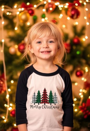 Image of Toddler Christmas Shirts for Boys and Girls Merry Christmas Plaid Monster Truck Tree Graphic Long Sleeve Xmas Tee Tops