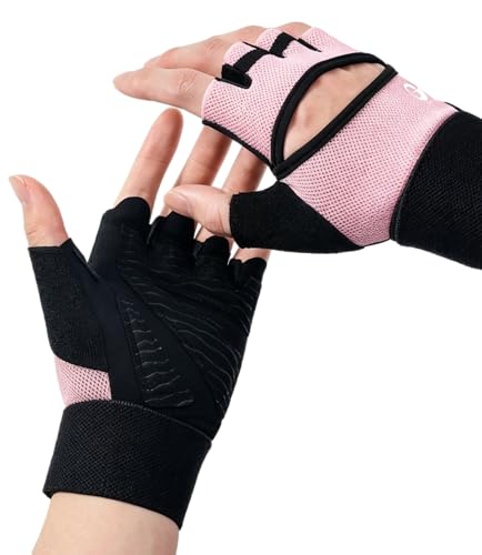 Workout Gloves Gym for Men Woman, Anti-slip Fingerless Pull Up Gloves Gym Gloves for Women Weight Lifting, Adjustable Wristband Workout Gloves Womens Weight Lifting Gloves for Men (Pink, Large)