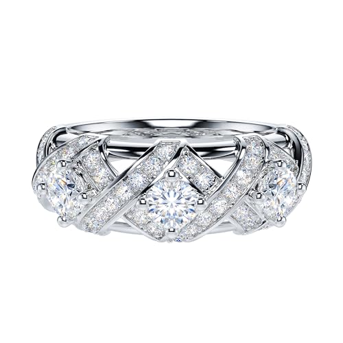 THELANDA Genuine Moissanite or Simulated Diamond Sterling Silver 3-Stone Vintage Luxury Crossover Crown Promise Ring Wedding Ring