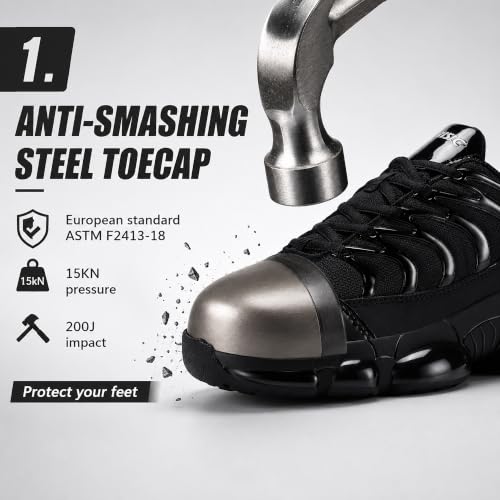 Image of Steel Toe Shoes for Men Women Wide Non Slip Work Shoes Steel Toe Sneakers | Non Slip Breathable Wide Toe Box Tennis Work Shoes Puncture Proof Air Cushioned All‑Day Wear Comfortable Safety Shoes