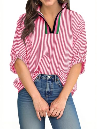 Image of Tankaneo Womens V Neck Striped Blouse Oversized Dolman Sleeve Tops Summer Casual Loose Fit Polo Shirts Red