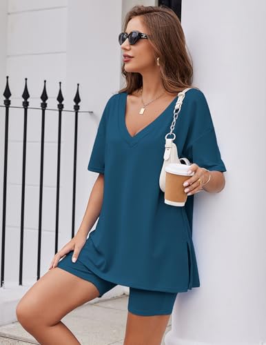 Image of Ekouaer Womens Pajamas 2 Piece Lounge Sets Oversized V Neck T-Shirts Tops Biker Shorts Set Workout Reversible Tracksuit S-XXL