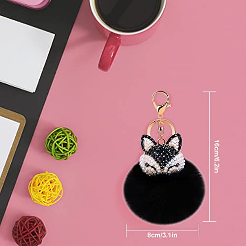 Anple Genuine Rabbit Fur Ball Pom Pom Keychain With A Fashion Alloy Fox Head Studded With Synthetic Diamonds(Rhinestone) For Womens Bag Cellphone Car Charm Pendant Decoration(Black Style 2) #TOP1