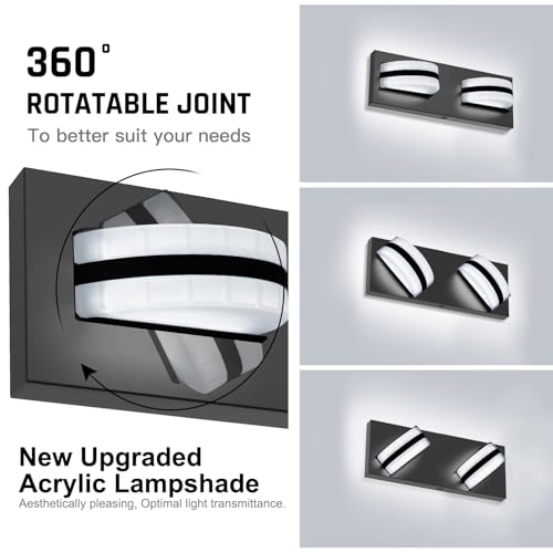 Image of Rotatable LED Bathroom Vanity Light 2-Light 11 inch Black Dimmable ETL | 1100 LM, 15 Min. Quick Install, Acrylic Lampshade, Metal Base, 5000K Color Temperature, Flicker-Free, CRI85 Color Rendering