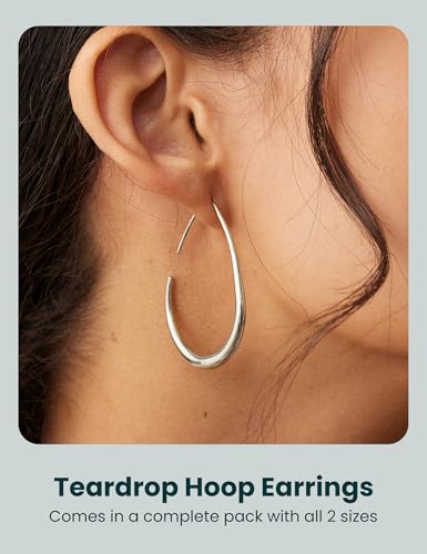 2Pairs Lightweight Teardrop Hoop Earrings for Women - 18k Gold Plated Large Small Size Oval Pull Through Hoop Earrings Teen Gift High Polished Statement Jewelry for Women3