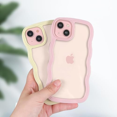 Image of GoldKart iPhone 15 Case Wavy Edge Clear Back Design, Anti-Slip Grip Cute Wave Curly Frame Shape Shockproof Soft TPU & Hard PC Bumper Protective Phone Case Cover for Women Girls - Pink