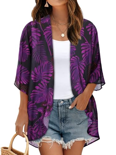 Image of Women's Floral Print Puff Sleeve Kimono Cardigan Loose Cover Up Casual Blouse Tops 2026