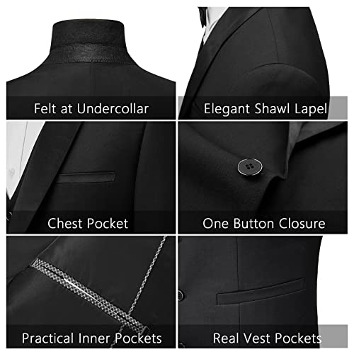 Mage Male Men's Slim Fit 3 Piece Suit One Button Solid Shawl Lapel Blazer Jacket Vest Pants Set With Tie Pocket Square Black #TOP3