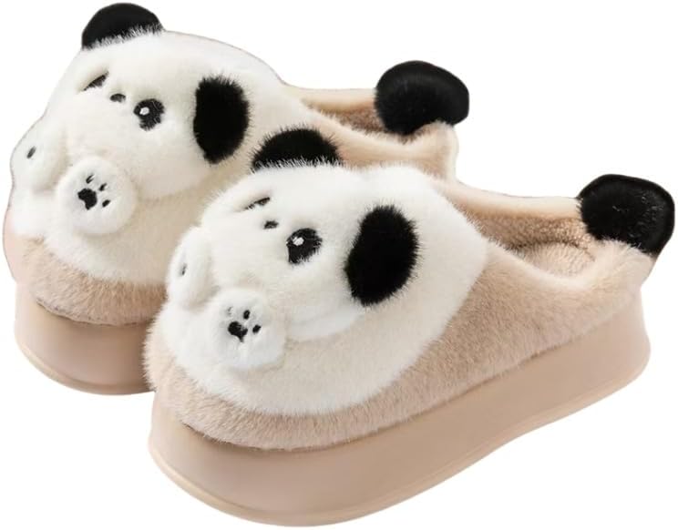 Panda Plush Slippers Women Autumn Winter Cotton Slippers Indoor Home Slippers-White-36-37（Fit35-36