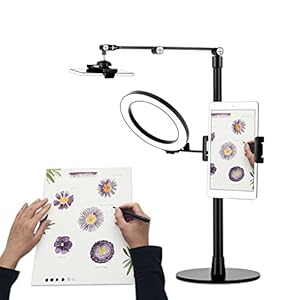 Phone Tablet Desk Live Stand, 3-in-1 Content Creator Kit Selfie Streaming Video Setup Overhead Phone Mount, 8″ LED Ring Light Compatible with 3.5-13″ Tablet& Phone, Suitable for YouTube/Tiktok