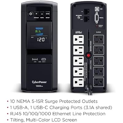 CyberPower CP1000PFCLCD PFC Sinewave UPS Battery Backup and Surge Protector, 1000VA/600W, 10 Outlets, AVR, Mini-Tower, UL Certified