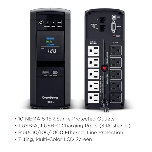 CyberPower CP1000PFCLCD PFC Sinewave UPS Battery Backup and Surge Protector, 1000VA/600W, 10 Outlets, AVR, Mini-Tower, UL Certified