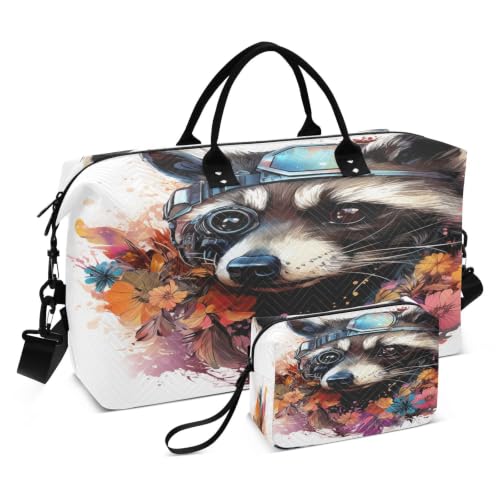 Sac de sport de natation raton laveur aquarelle avec pochette maquillage