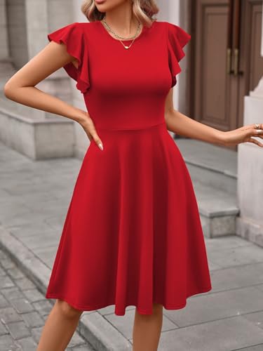 Image of MSLG Women's Fit and Flare Ruffle Short Sleeves Dresses Work V-Back Cocktail Semi Formal A Line Dress with Pockets 842