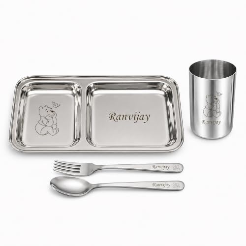 Image of SAVRI Personalized Stainless Steel Two-Compartment Dinner Plate Set - Customized Name & Cartoon Engraved - Partition Plate with Spoon & Fork - Custom Kids Plate for Kids, School, Mess & Return Gifts