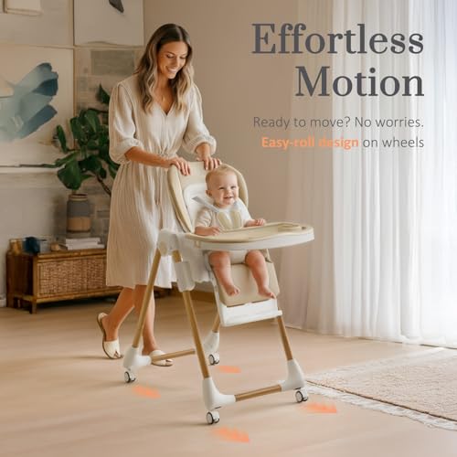 Image of Mallify Foldable High Chairs for Babies and Toddlers, 3-in-1 Convertible Baby High Chair with Removable Soft Cushion and Tray, Adjustable Height & Recline, Lockable Wheels, Cream