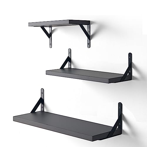 Secttio Floating Shelves For Wall, Modern Morandi Color Floating Wall Shelves Set Of 3, Waterproof Wall Mounted Shelf For Bedroom, Bathroom, Kitchen, Living Room, Laundry Room (Ash Black) #TOP12