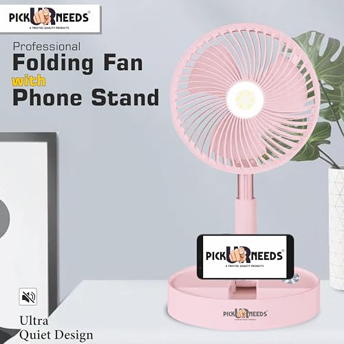 Image of Pick Ur Needs Rechargeable Foldable Small Standing Electric Mini Fan With 3 Mode & LED Light For Home, Bedroom, Office (Pink)