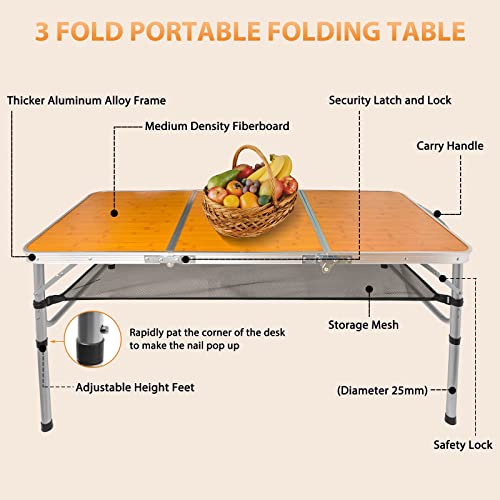 Ljmboen Folding Camping Table,48"X24" 4Ft Adjustable Height Aluminum Portable Picnic Table,3 Fold Lightweight Outdoor Table With Mesh Bag & Carrying Bag For Indoor Travel Beach And Party #TOP3