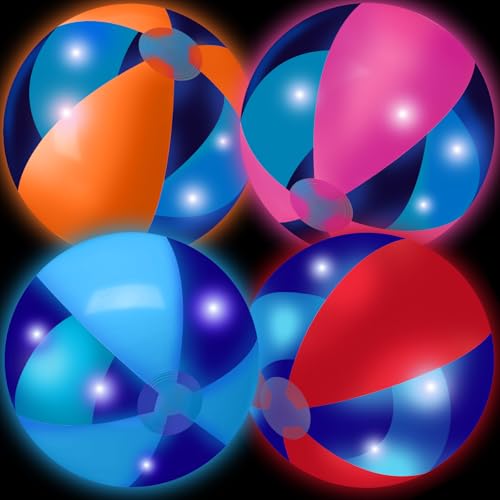 MiniInflat 4 Pcs Light up Beach Balls 16 Jumbo Pool LED Balls Glow in the Dark Neon Giant Inflatable for Summer Hawaiian Tropical Theme Beach Party Decor Water Accessory (Colorful)