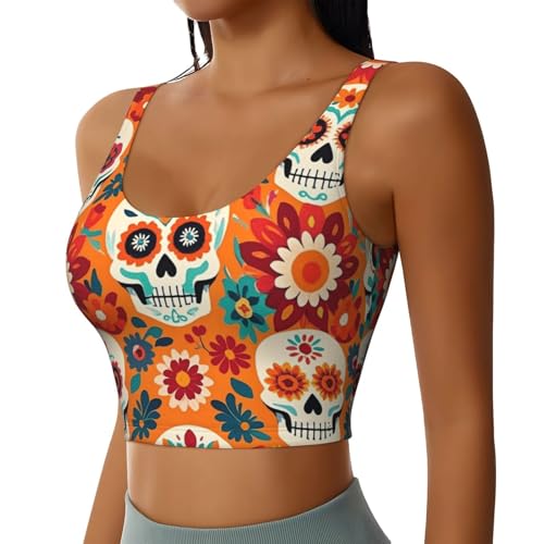Women Girls Summer U-Shaped Back Sports Bras Elastic Day of The Dead Mexican Skull Floral Art Athletic Tops with Pads Quick Dry Sportswear for Workout Training