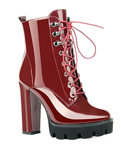 ANN CREEK Women's Platform Lace Up Ankle Boots Chunky Heel Side Zipper Booties Casual High Heel Round Toe Boots