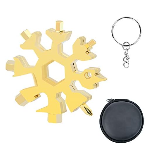 KATELUO Multiherramienta de acero inoxidable 18 en 1,Tarjeta de Herramientas Snowflakes,Herramientas de camping multifuncionales, Destornillador, Abrebotellas, Llavero (Dorado)