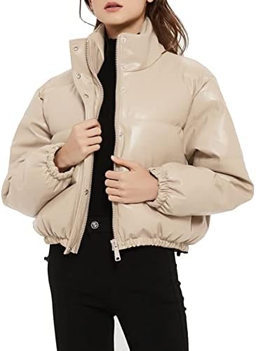 Kissonic Women’s Cropped Quilted Puffer Jacket Winter Faux Leather Padded Parka Coat