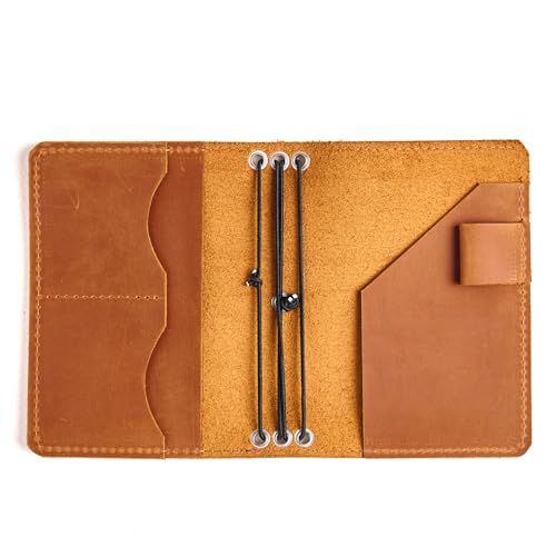 TORAKIP Travelers Leather Journal Cover A6 Leather Notebook Case with 3 Elastic Bands Card Slots Pen Holder & Interior Pockets Fits 4.1 x 5.8 Notebooks (Paper Not Included) Warm Brown