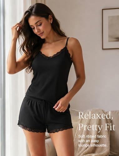 Image of Girece Cami Pajama Set for Women Ribbed Lace Trim 2 Piece Pajamas with Shorts Adjustable Strap Pjs Set Soft Lounge Sleepwear