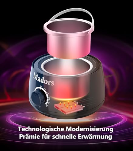 Madors Wachswärmer Warm Wax maschine enthaarung - Waxing Maschine für Wachs Haarentfernung Perlen für Ganzkörper Waxing zu Hause, Enthält Nasenhaar Stick (10 Stück) + Anti-Rutsch-Ring (5 Stück)