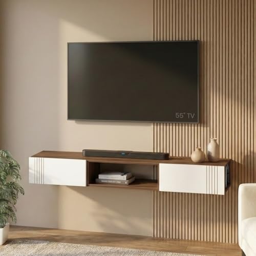 Image of Evara Engineering Wood Wall Mount TV Entertainment Unit Set Top Box Stand /TV Panel Cabinet Panel with Shelves for Books & Decor Display Unit, Handleless, 60 Inches (Classic Brown & White)