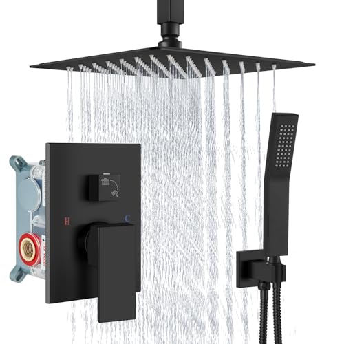 Aolemi Ceiling Mount Shower System Rain Shower Head with Handheld Spray High Pressure Shower Faucet Set Rough-in Valve Shower Trim Kit Included Bathroom Matte Black 10 Inch Ceiling Shower Head