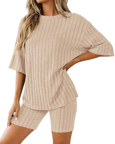 Image of KIRUNDO Short Sets For Women Summer 2 Piece Matching Lounge Sets Casual Rib Knit Tshirts Biker Shorts Beach Vacation Outfits