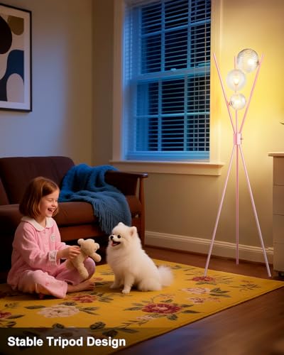 Image of Lightdot Tripod Floor Lamp Dimmable Pink Standing Lamps with Globe Clear Glass Lampshade 3PCS 3000K Bulbs Included Mid Century Modern Floor Lamp for Living Room /Bedroom /Sofa Beside /Corner Decor
