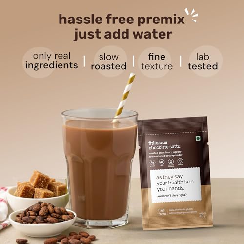 Image of fitlicious Chocolate Sattu Powder | Bihari Chana Sattu | Natural & Organic | Gluten-Free, Non-GMO | High Protein & Fiber | Instant PremiX | Healthy Drink For All Ages | Pack Of 20 X 40g Sachets
