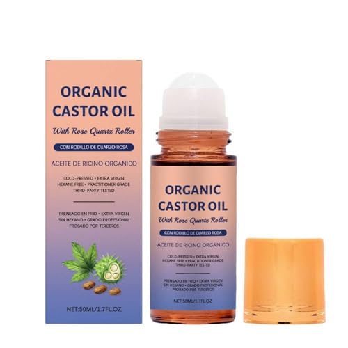 Bicotand Organic Castor Oil Roll on with Rose Quartz Roller 100% Organic Cold Pressed Castor Oil for Face and Body Neck Moisturize Skin 1 pc