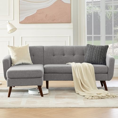 Image of Kingfun L Shaped Couch, 80 inch W Mid-Century Modern Sofa, Sectional Couches, 3 Seater Sofas with Wide Chaise Lounge, Button Tufted Upholstered Sectional Sofa for Living Room, Bedroom, Gray