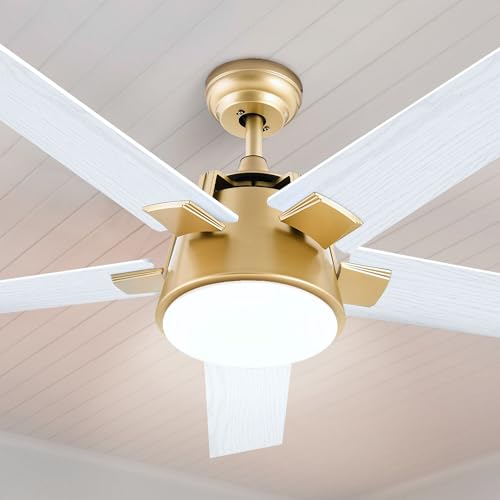DWVO Ceiling Fan with Light and Wall Switch Remote, 52 Inch Modern Gold White Fan, Quiet Reversible Motor, Dimmable LED Color, Memory Function for Bedroom Living Room Patio Indoor Outdoor