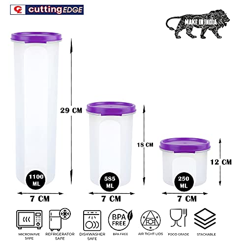 Image of Cutting EDGE Smart Slim Storage Airtight Container-Purple,Set of 7 | Plastic material, size - 2x1.1L+3x585ml+2x250ml , pantry organization, pulses storage, grains storage, kitchen Storage