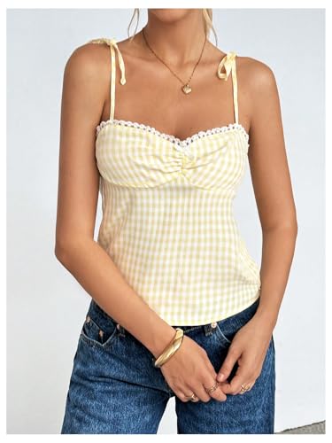 Floerns Women's Plaid Print Tie Shoulder Camisole Cute Lace Trim Ruched Bust Cami Top3