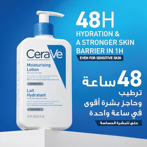 CeraVe Moisturising Lotion 473ml – Family-Size Lightweight Face & Body Lotion with 3 Ceramides & Hyaluronic Acid, 24-Hour Hydration for Normal to Dry Skin, Fragrance-Free Value Bottle